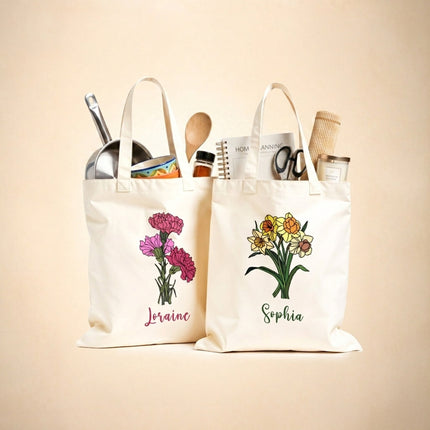 Birth Month Flowers Cotton Tote Bag with Custom Name