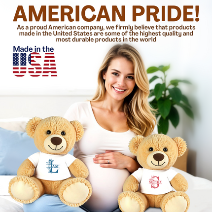 Woman holding two teddy bears with 'Made in the USA' text and branding.