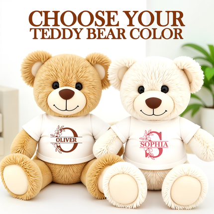 Two teddy bears wearing shirts with names on a light background