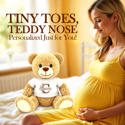 Pregnant woman in a yellow dress holding a teddy bear with text 'Tiny Toes, Teddy Nose Personalized Just for You!'