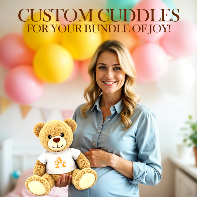 Woman holding a teddy bear with text 'Custom Cuddles for Your Bundle of Joy' against a colorful balloon background.