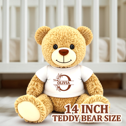 Teddy bear wearing a white shirt with text in a nursery setting