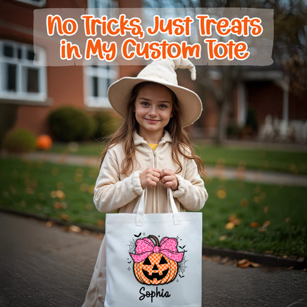 Girl in Halloween costume holding a custom tote bag with a pumpkin design and text 'No Tricks, Just Treats in My Custom Tote'.