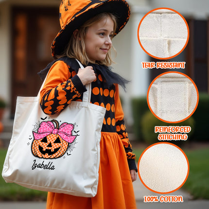 Child in Halloween costume holding a tote bag with pumpkin design, surrounded by close-up images of tote bag material.