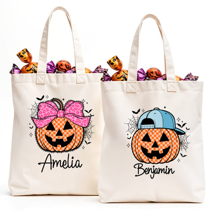 Two Halloween-themed tote bags with pumpkins and names 'Amelia' and 'Benjamin'.