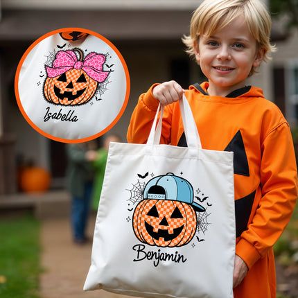 Child in Halloween costume holding a tote bag with a pumpkin design, with inset showing a similar design.