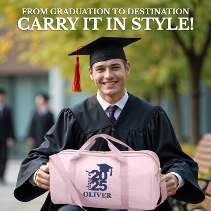 Graduating student holding a pink bag with 'Class of 2025 Oliver' text, outdoors.

