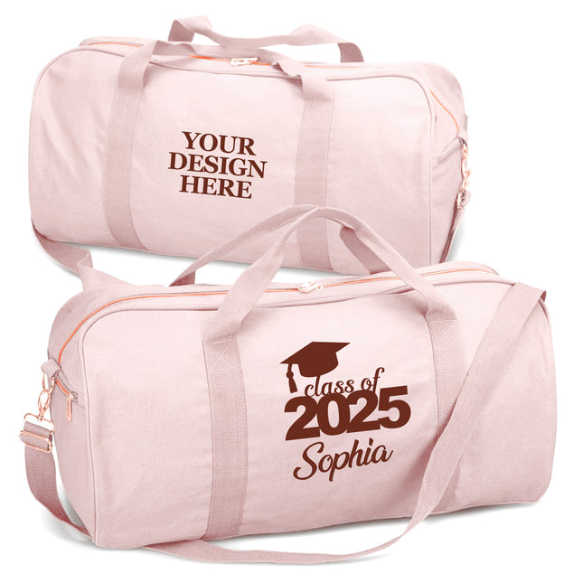 Pink duffel bag with customizable text on a white background

