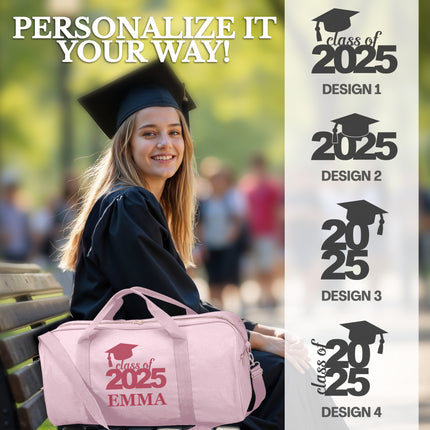 Graduating student holding a pink bag with 'Class of 2025 Oliver' text, outdoors.

