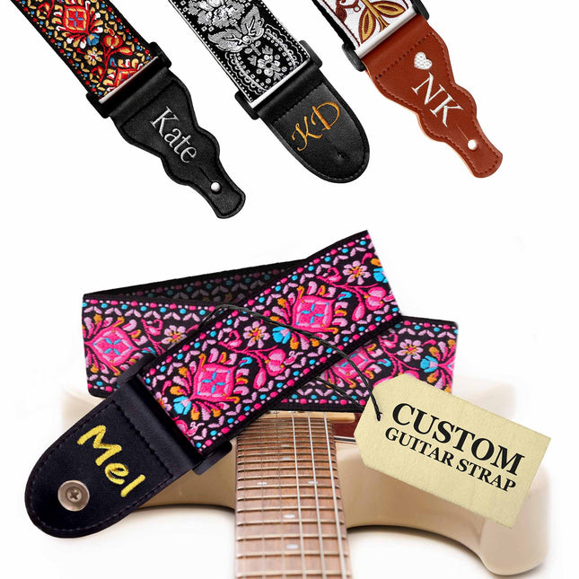 Custom Pink Woven Vintage Design Guitar Strap W/FREE BONUS- 2 Picks + Strap Locks + Strap Button