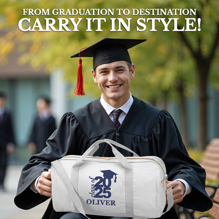 White duffel bag with 'class of 2025' and 'Your Design Here' text on a white background