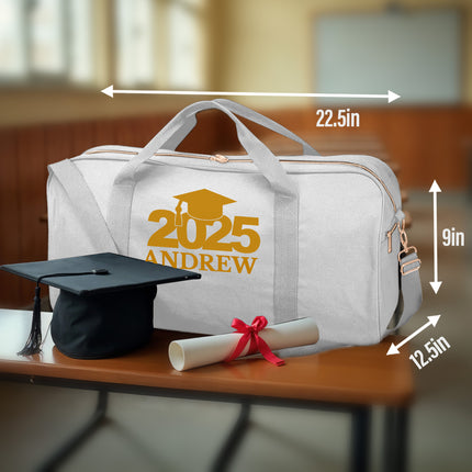 Graduation-themed duffel bag with measurements, cap, and diploma on a table.