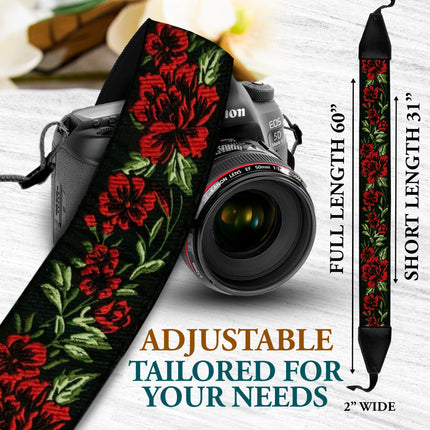 Personalized Embroidered Red Roses Camera Strap - Camera Strap for SLR/ DSLR