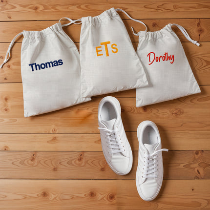 Embroidered Shoe pouch Portable Drawstrings -White