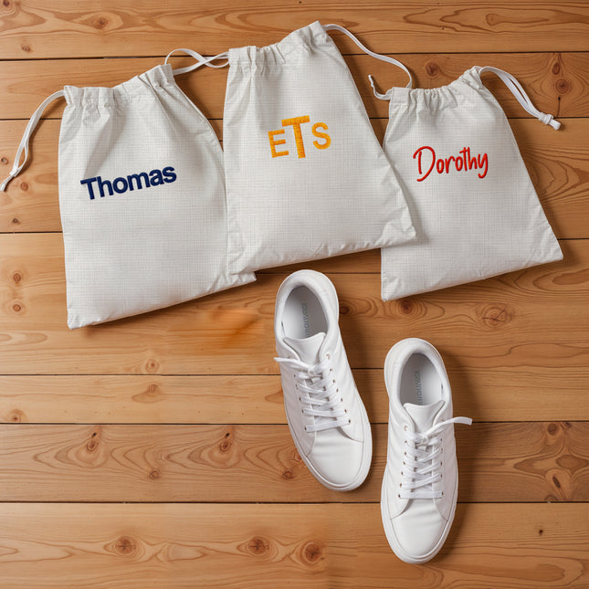 Embroidered Shoe pouch Portable Drawstrings -White