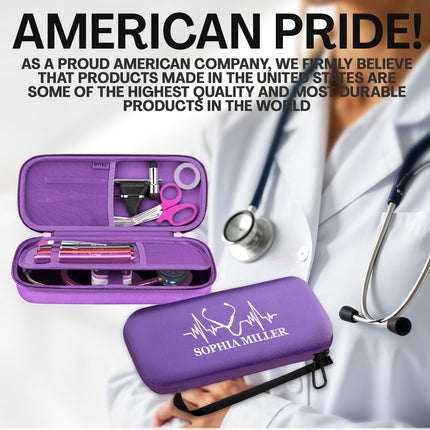 Purple medical kit with personalized name on a white background, featuring a doctor holding a stethoscope.