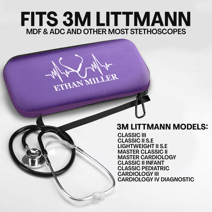 Purple stethoscope case with 'Ethan Miller' branding, featuring a stethoscope, on a white background with text about stethoscope compatibility.