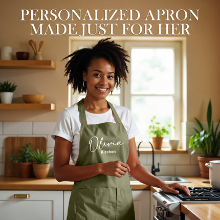 Custom Apron for Cooking Apron with Pockets for Kitchen - Olive Green