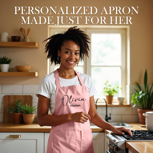 Custom Apron for Cooking Apron with Pockets for Kitchen - Pink
