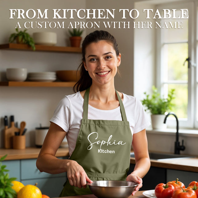 Custom Apron for Cooking Apron with Pockets for Kitchen - Olive Green