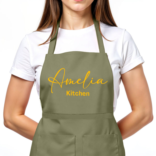 Custom Apron for Cooking Apron with Pockets for Kitchen - Olive Green