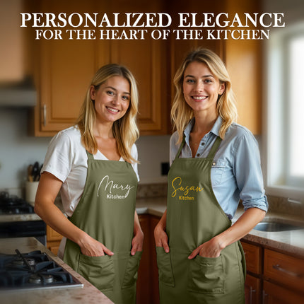 Custom Apron for Cooking Apron with Pockets for Kitchen - Olive Green