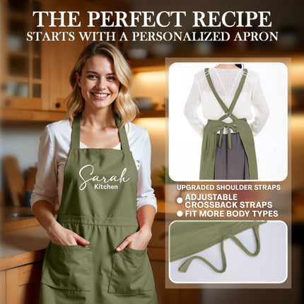 Custom Apron for Cooking Apron with Pockets for Kitchen - Olive Green