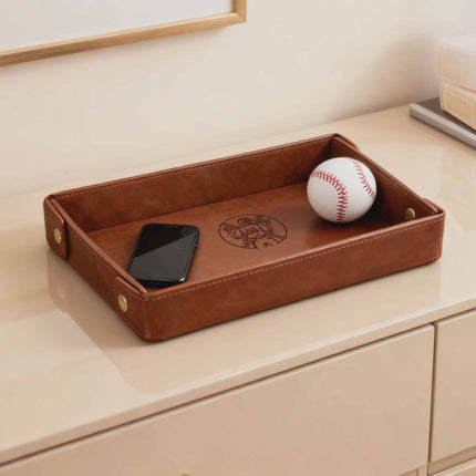 Engraved Leather Valet Tray for Men – Light Coffee , Baseball Ball