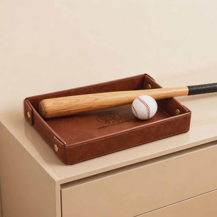 Engraved Leather Valet Tray for Men – Light Coffee , Baseball Ball