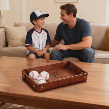Engraved Leather Valet Tray for Men – Light Coffee , Baseball Ball
