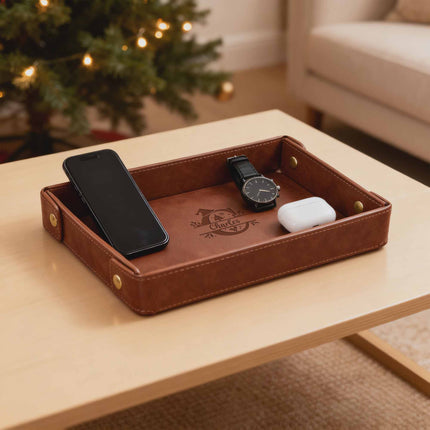 Engraved Leather Valet Tray for Men – Light Coffee , Christmas