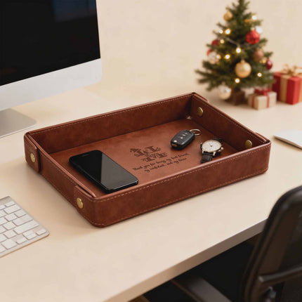 Engraved Leather Valet Tray for Men – Light Coffee , Christmas