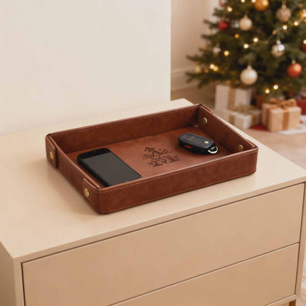 Engraved Leather Valet Tray for Men – Light Coffee , Christmas