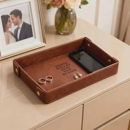 Engraved Leather Valet Tray for Men – Light Coffee , Couple