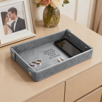 Engraved Leather Valet Tray for Couples - Gray