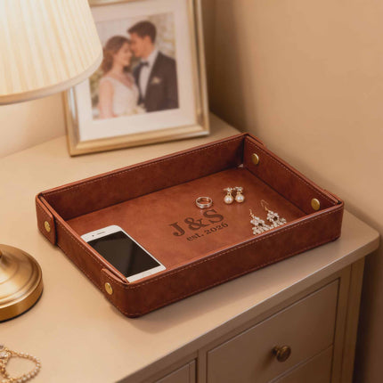 Engraved Leather Valet Tray for Men – Light Coffee , Couple