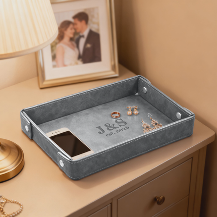 Engraved Leather Valet Tray for Couples - Gray