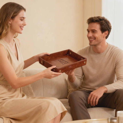 Engraved Leather Valet Tray for Men – Light Coffee , Couple