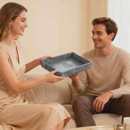 Engraved Leather Valet Tray for Couples - Gray