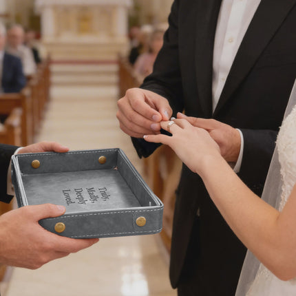 Engraved Leather Valet Tray for Couples - Gray
