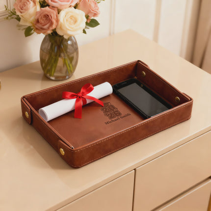Engraved Leather Valet Tray for Men – Light Coffee , Graduation