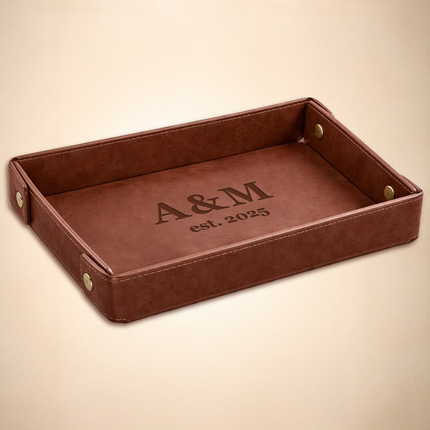 Engraved Leather Valet Tray for Men – Light Coffee