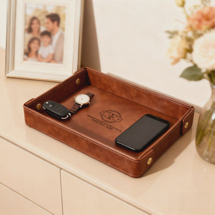 Engraved Leather Valet Tray for Men – Light Coffee