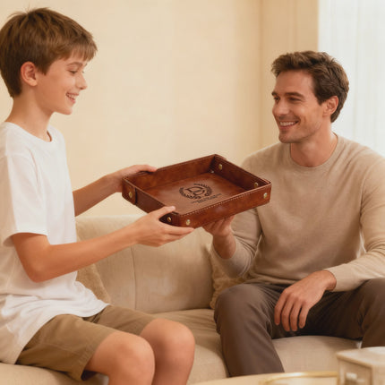 Engraved Leather Valet Tray for Men – Light Coffee