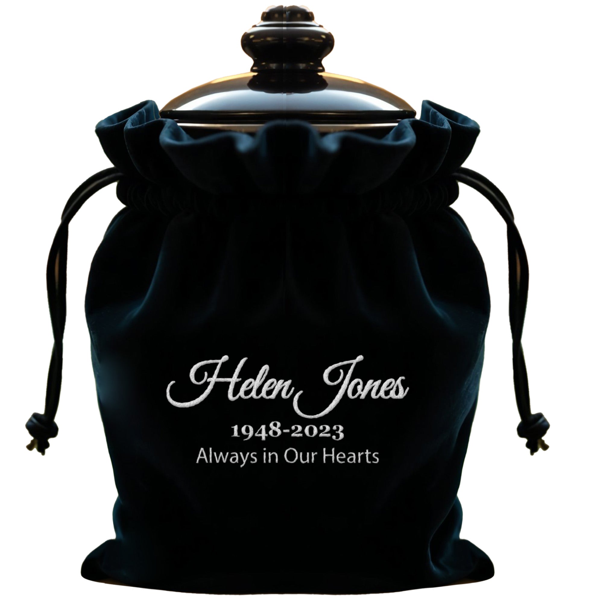 Personalized Black Velvet Cremation Urn Bag with Drawstrings, Embroidered Name Urn Bags for Ashes