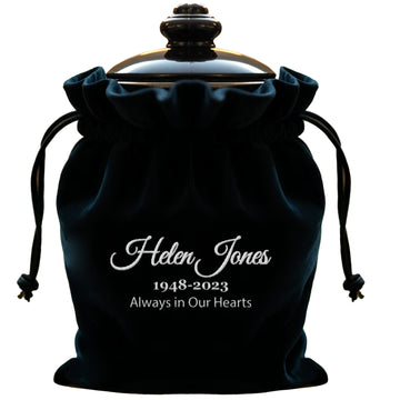 Personalized Black Velvet Cremation Urn Bag with Drawstrings, Embroidered Name Urn Bags for Ashes