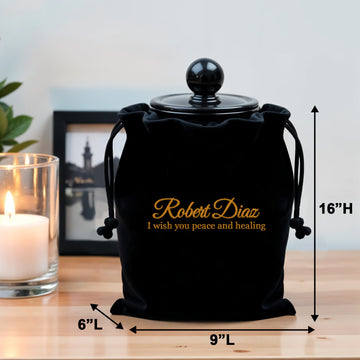 Personalized Black Velvet Cremation Urn Bag with Drawstrings, Embroidered Name Urn Bags for Ashes
