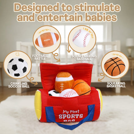 Red toy sports bag with various sports-themed toys on a white surface.