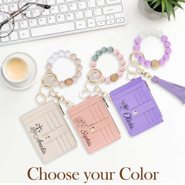 custom wallet wristlet for women slim card holder with personalized name and zodiac sign engraving keychain bracelet snap button closure