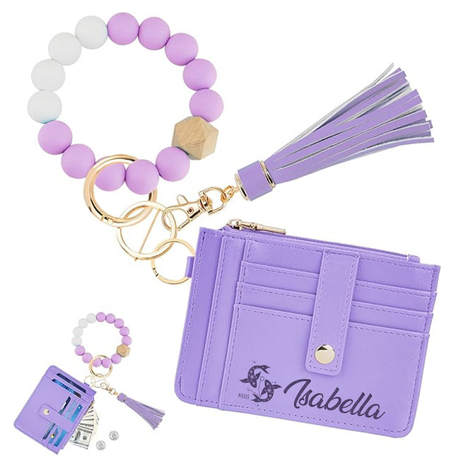 custom wallet wristlet for women slim card holder with personalized name and zodiac sign engraving keychain bracelet snap button closure